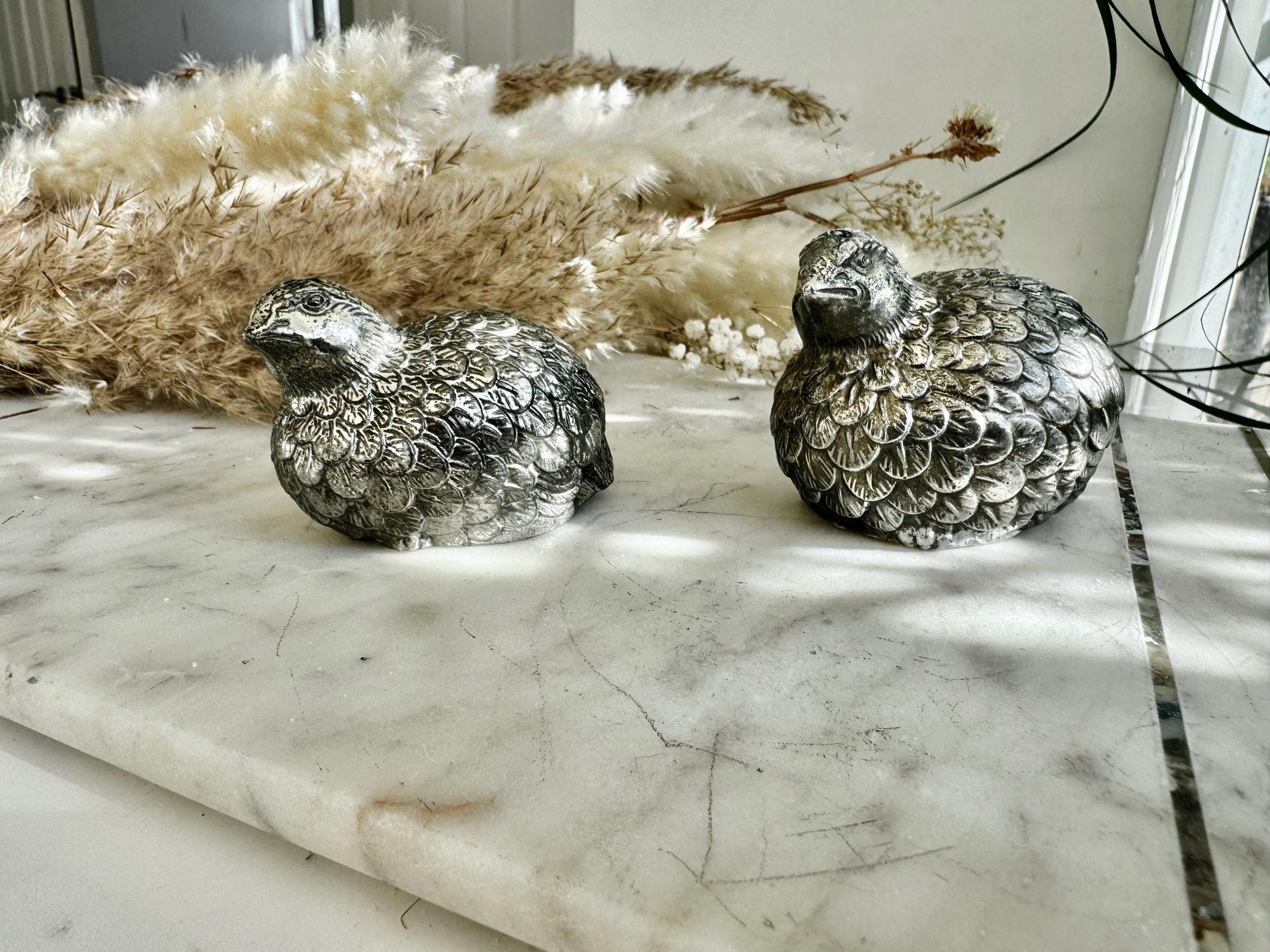 Pair of Vintage Silver-Plated Quail Salt & Pepper Shakers – Hand-Finished Bird Figurines with Feather Detailing