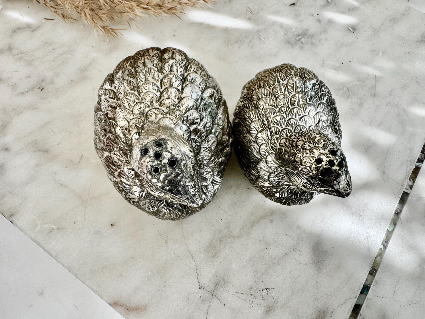 Pair of Vintage Silver-Plated Quail Salt & Pepper Shakers – Hand-Finished Bird Figurines with Feather Detailing
