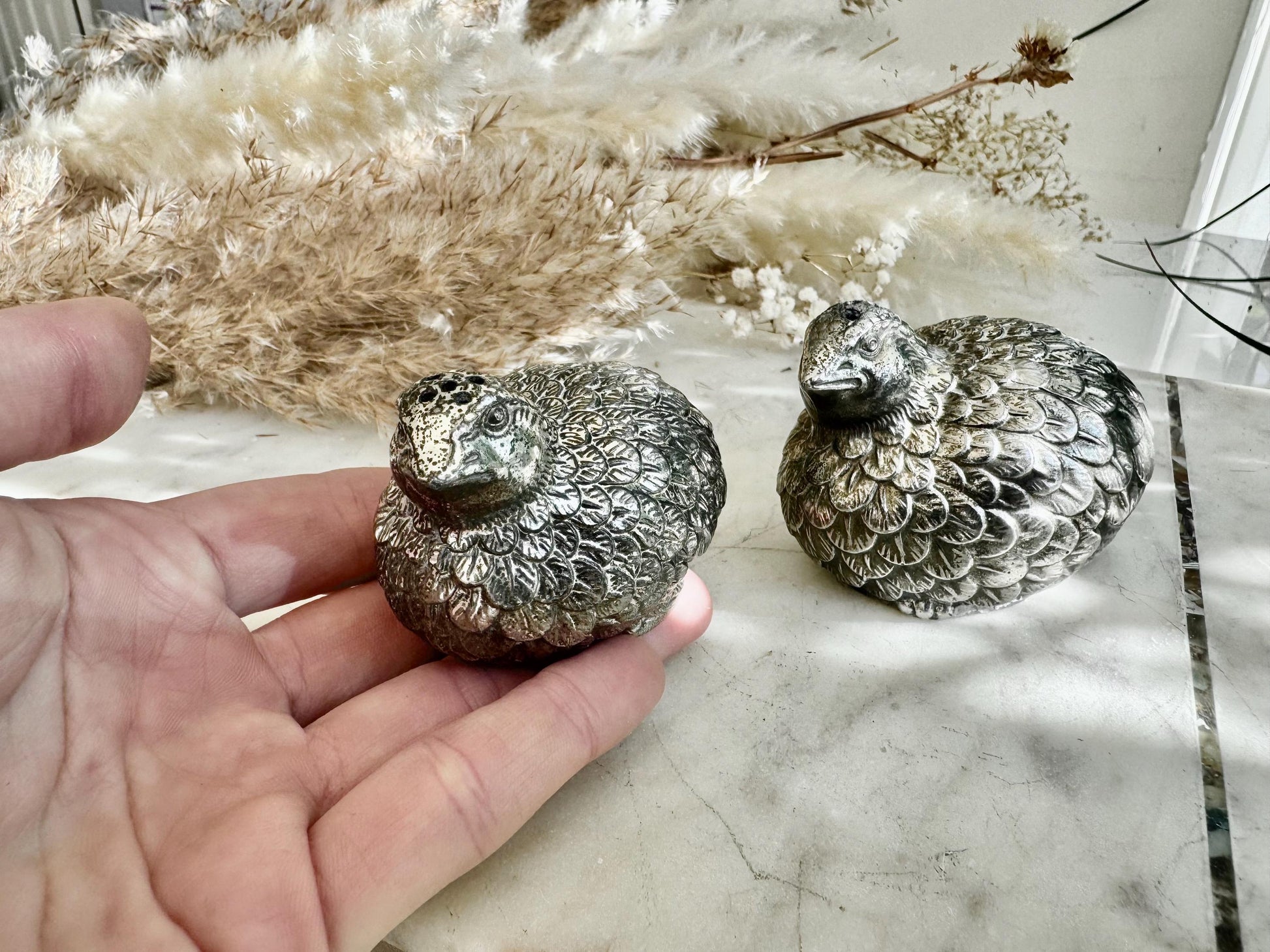 Pair of Vintage Silver-Plated Quail Salt & Pepper Shakers – Hand-Finished Bird Figurines with Feather Detailing