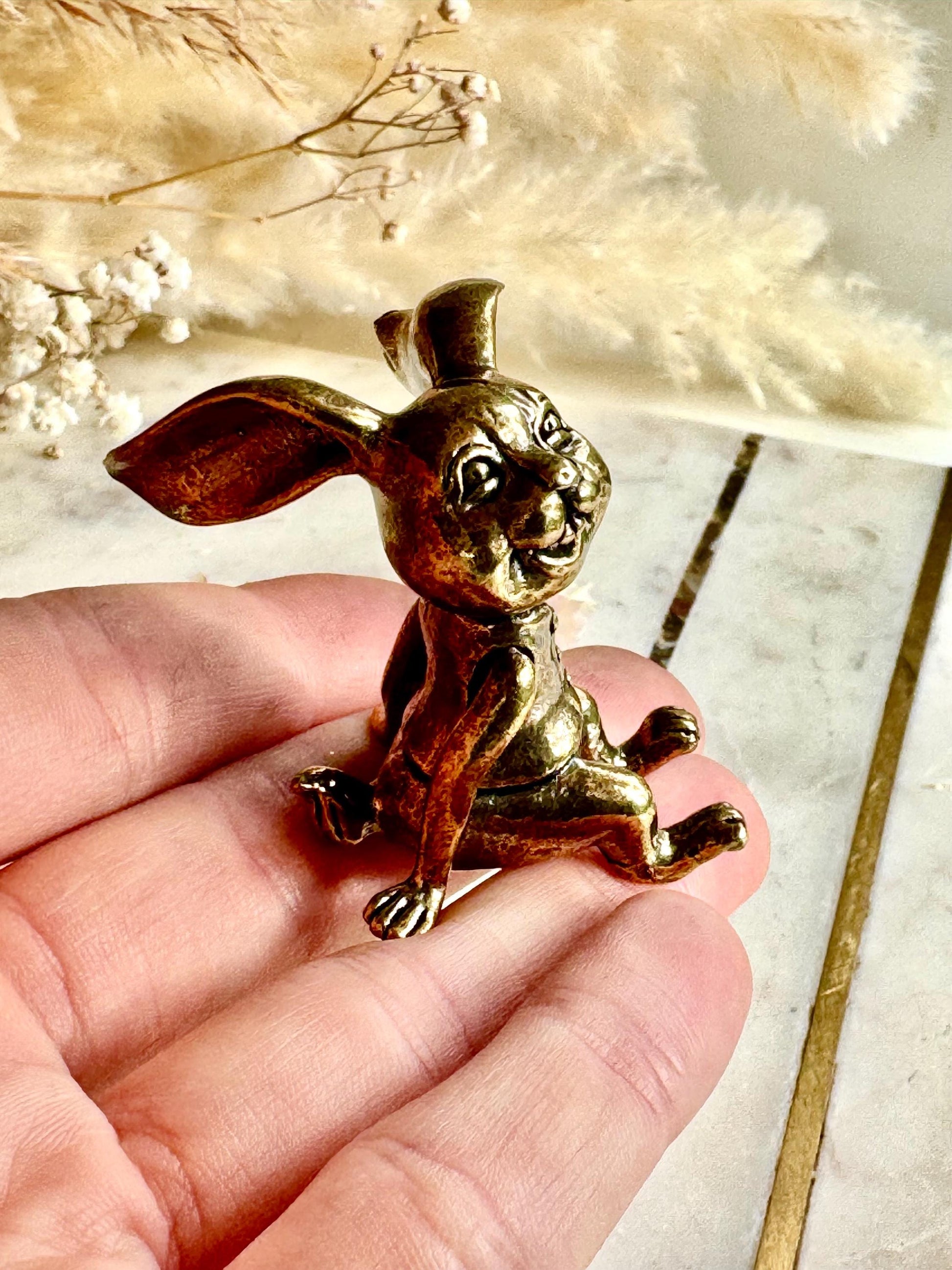 Solid Brass Bunny Figurine – Whimsical Rabbit Statue with Wide Smile and Floppy Ears – Playful Decor