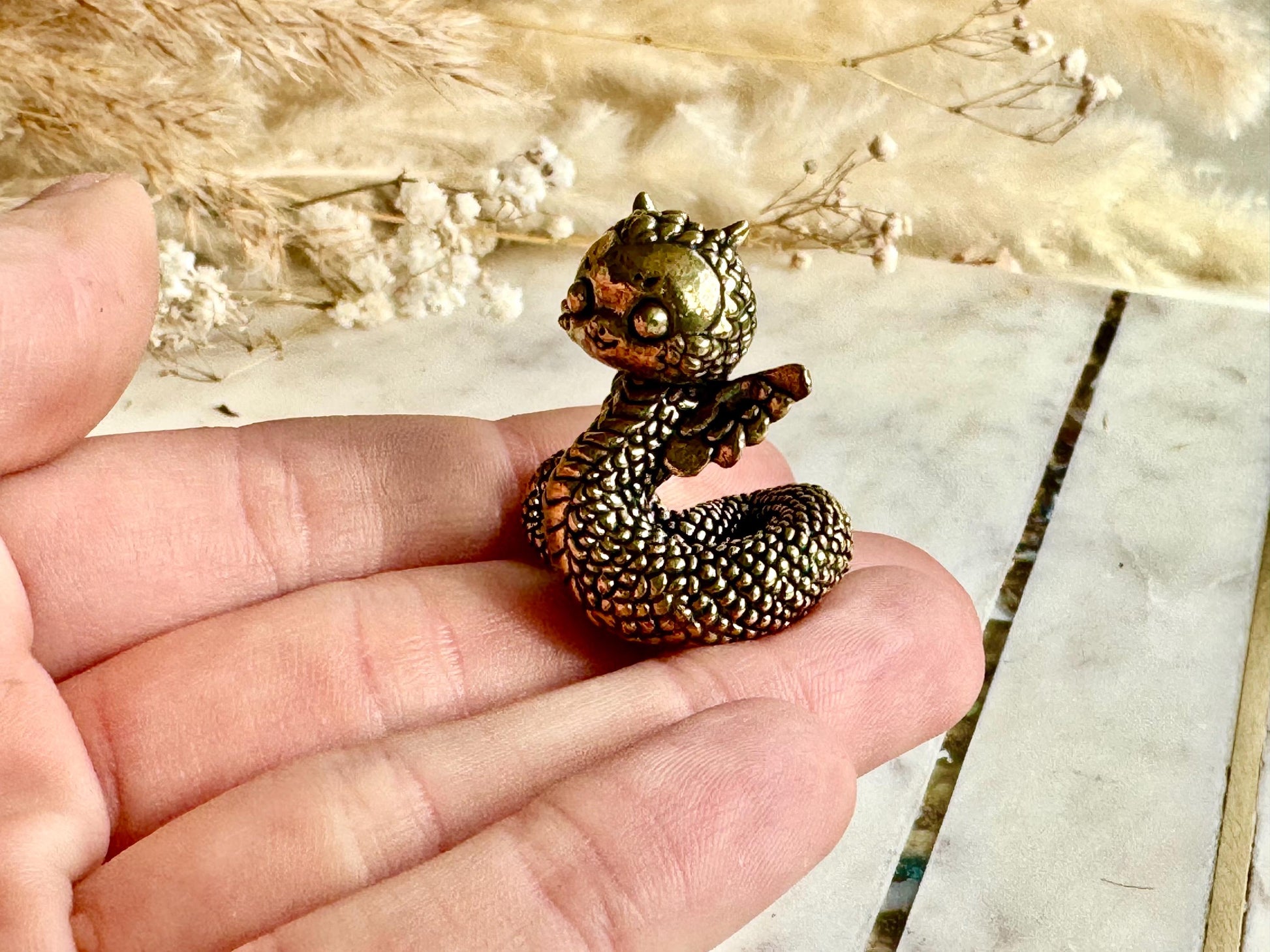 Miniature Brass Winged Dragon Snake Figurine – Whimsical Mythical Creature with Curled Tail and Scaled Detail