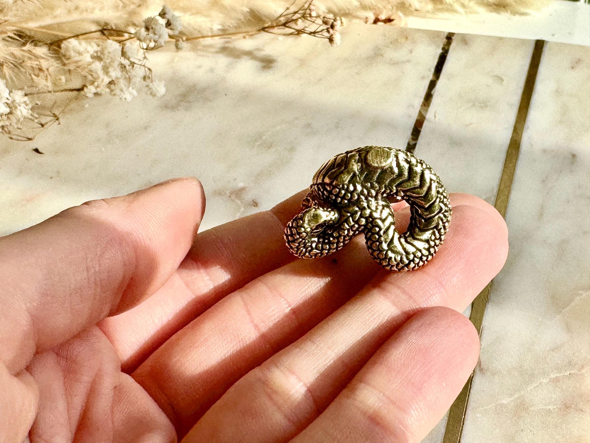 Miniature Brass Winged Dragon Snake Figurine – Whimsical Mythical Creature with Curled Tail and Scaled Detail