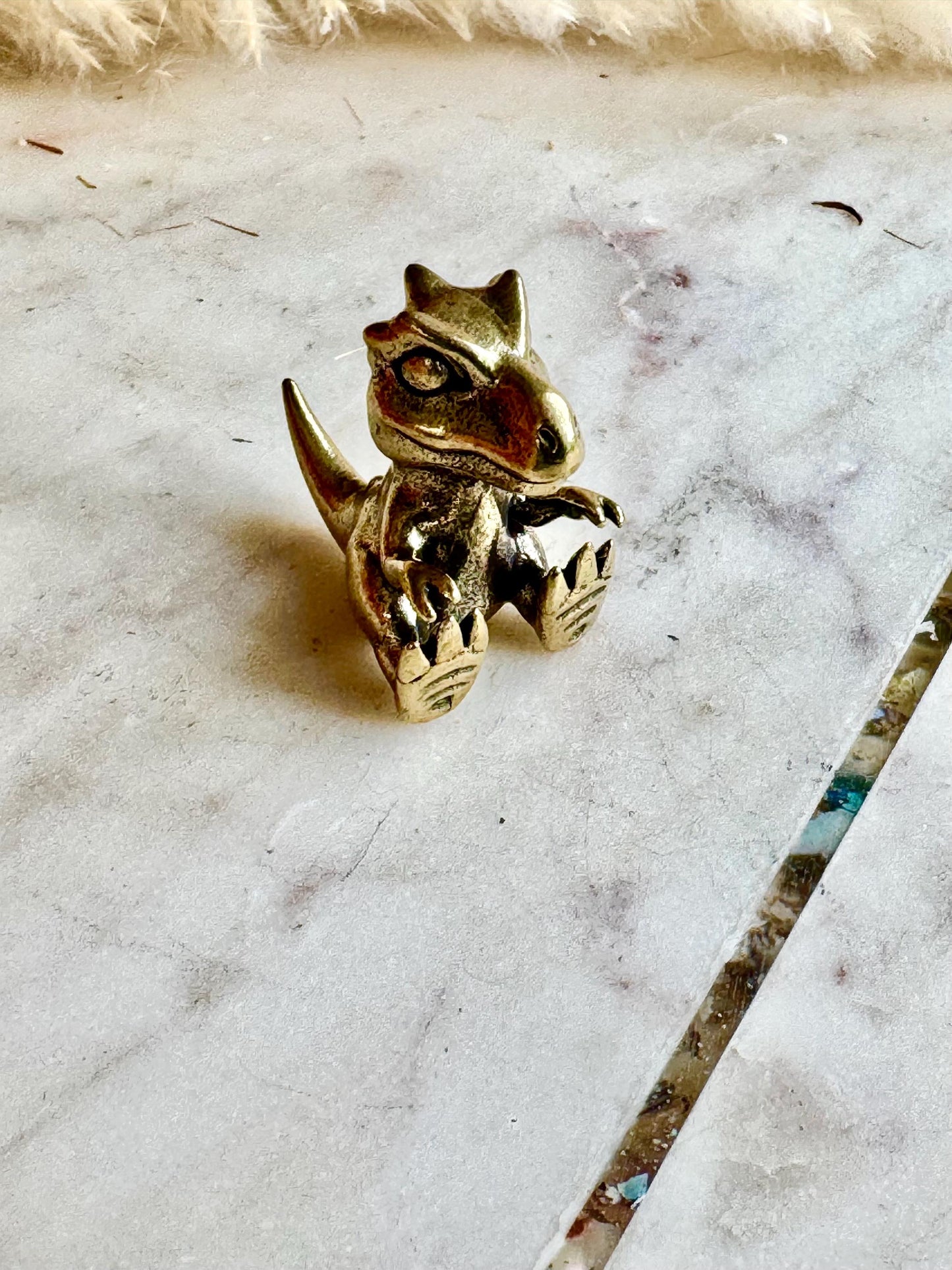 Solid Brass Baby Dinosaur Figurine – Miniature Prehistoric Animal Sculpture – Tiny Dino Totem – Brass Reptile