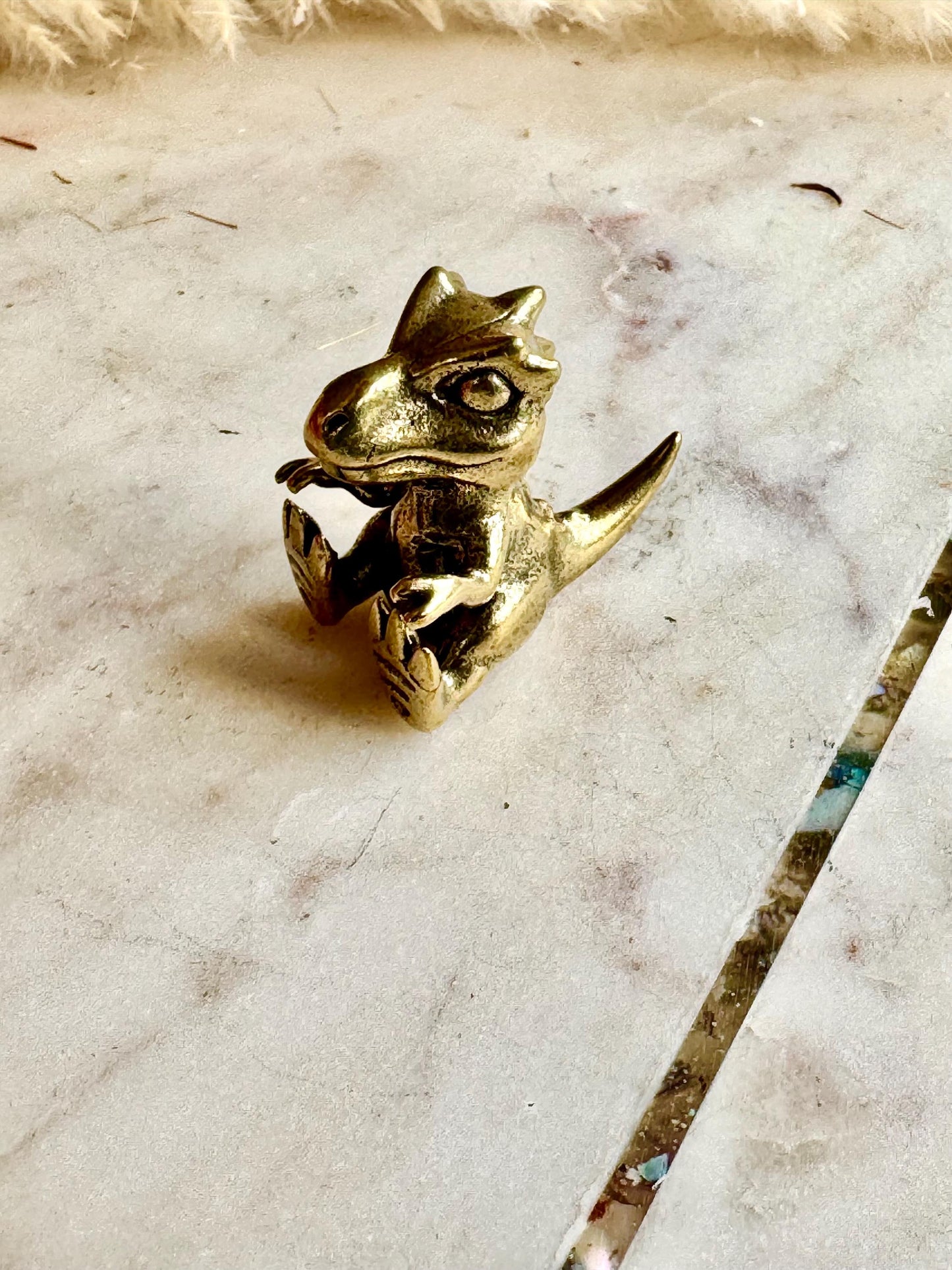 Solid Brass Baby Dinosaur Figurine – Miniature Prehistoric Animal Sculpture – Tiny Dino Totem – Brass Reptile