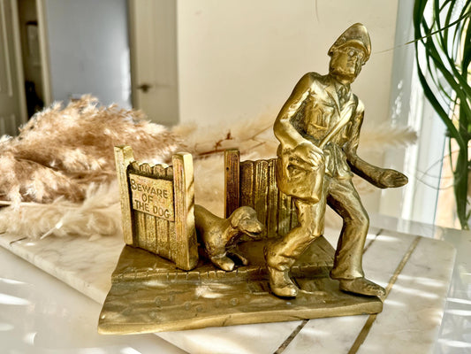 Vintage Brass Doorstop “Beware of the Dog” with Postman and Dog Scene – Humorous Figurine – Mid-Century Cast Brass Sculpture
