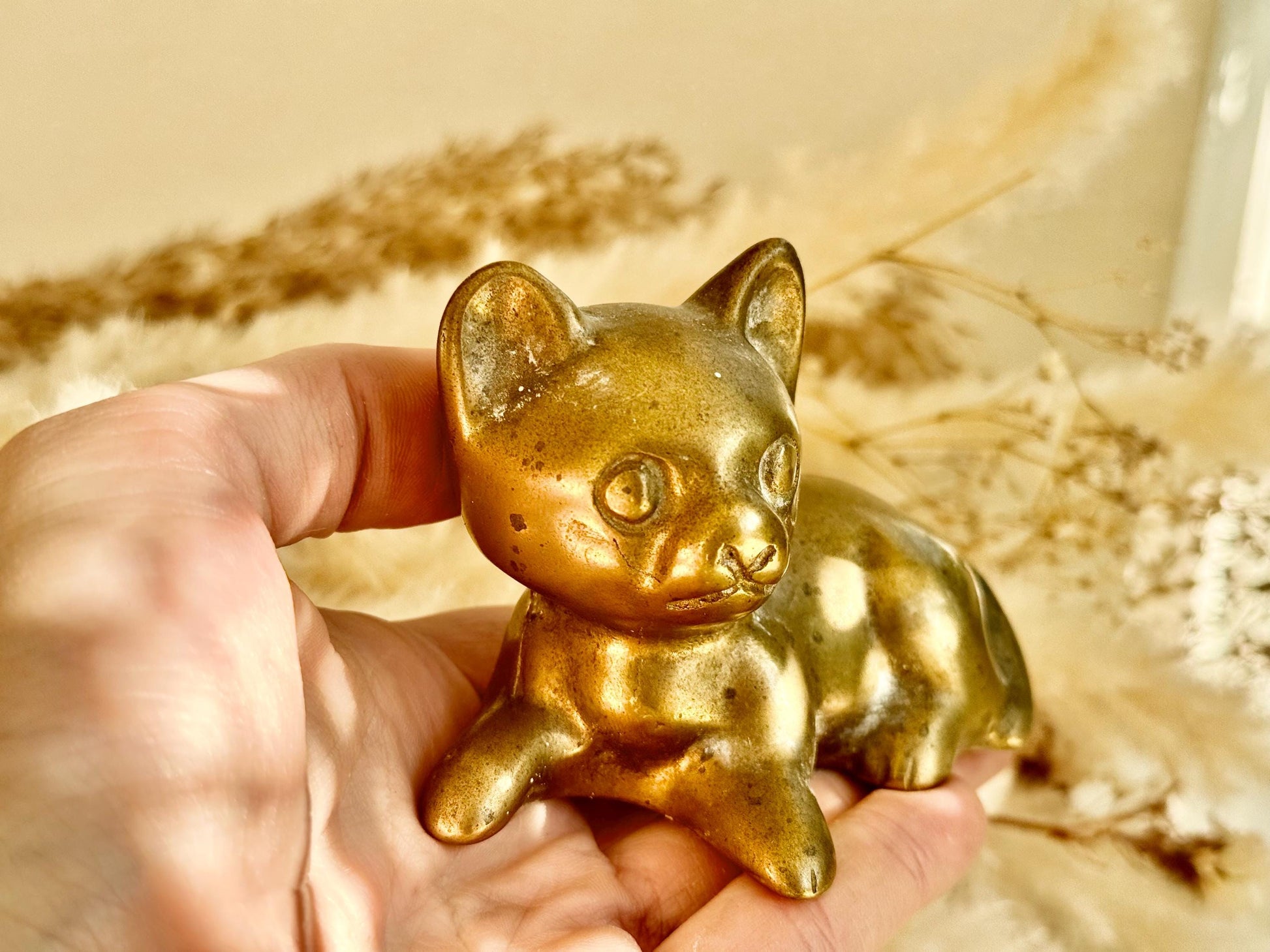 Solid Brass Kitten Figurine – Playful Vintage- Cat Sculpture, Small Brass Cat Paperweight