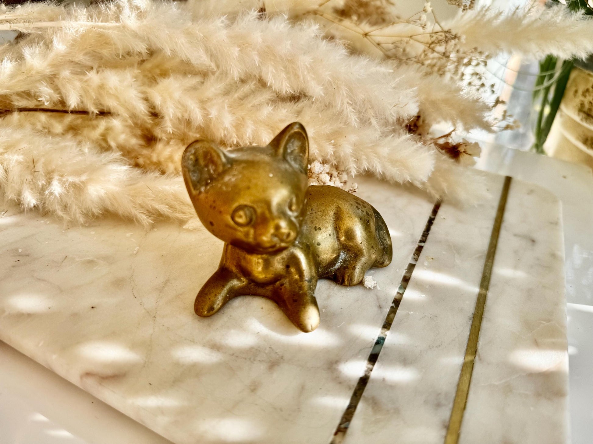Solid Brass Kitten Figurine – Playful Vintage- Cat Sculpture, Small Brass Cat Paperweight