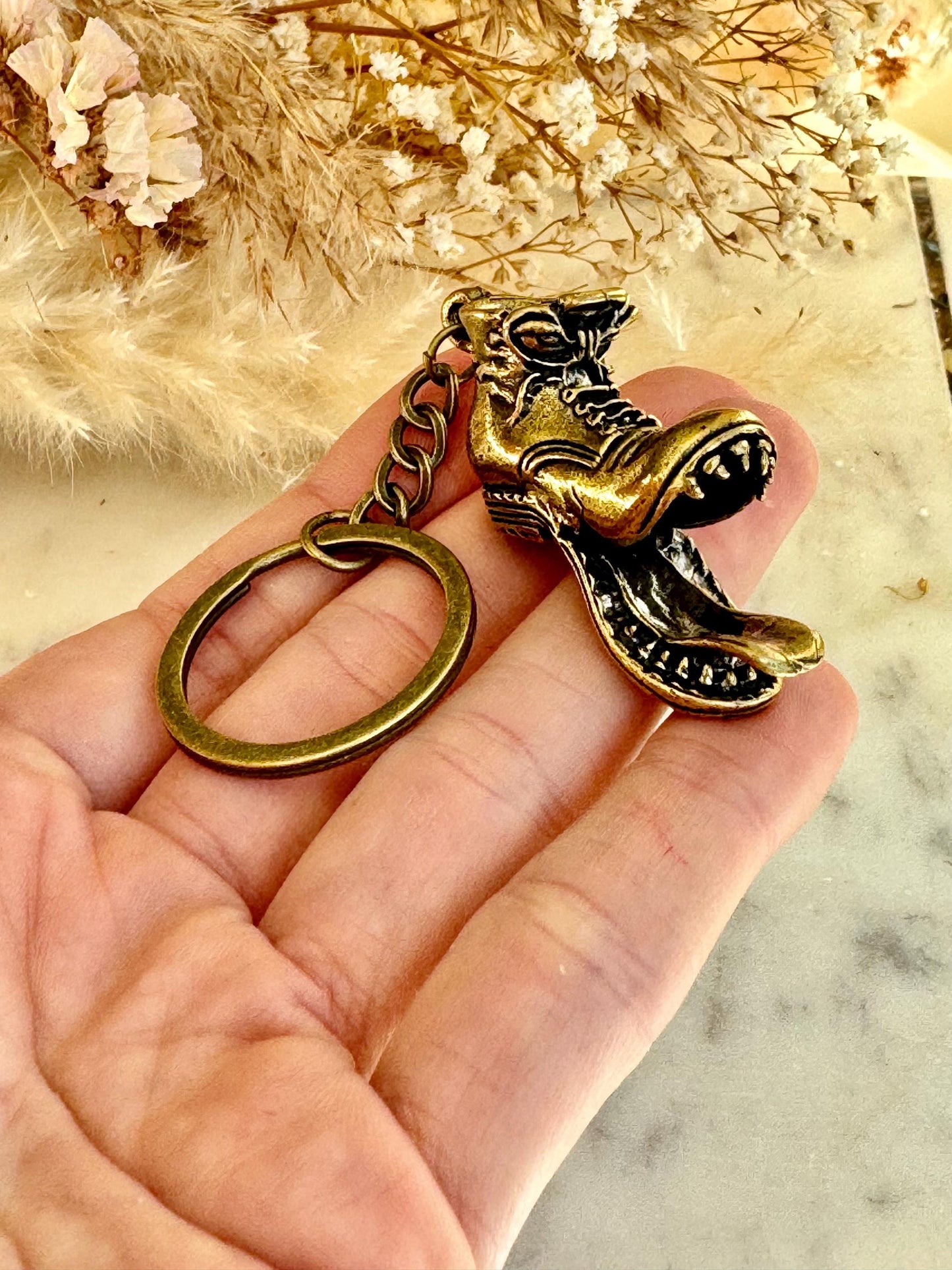 Brass Shoe Keychain with Monster Teeth – Funny Combat Boot Pendant, Heavyweight Key Ring for Men