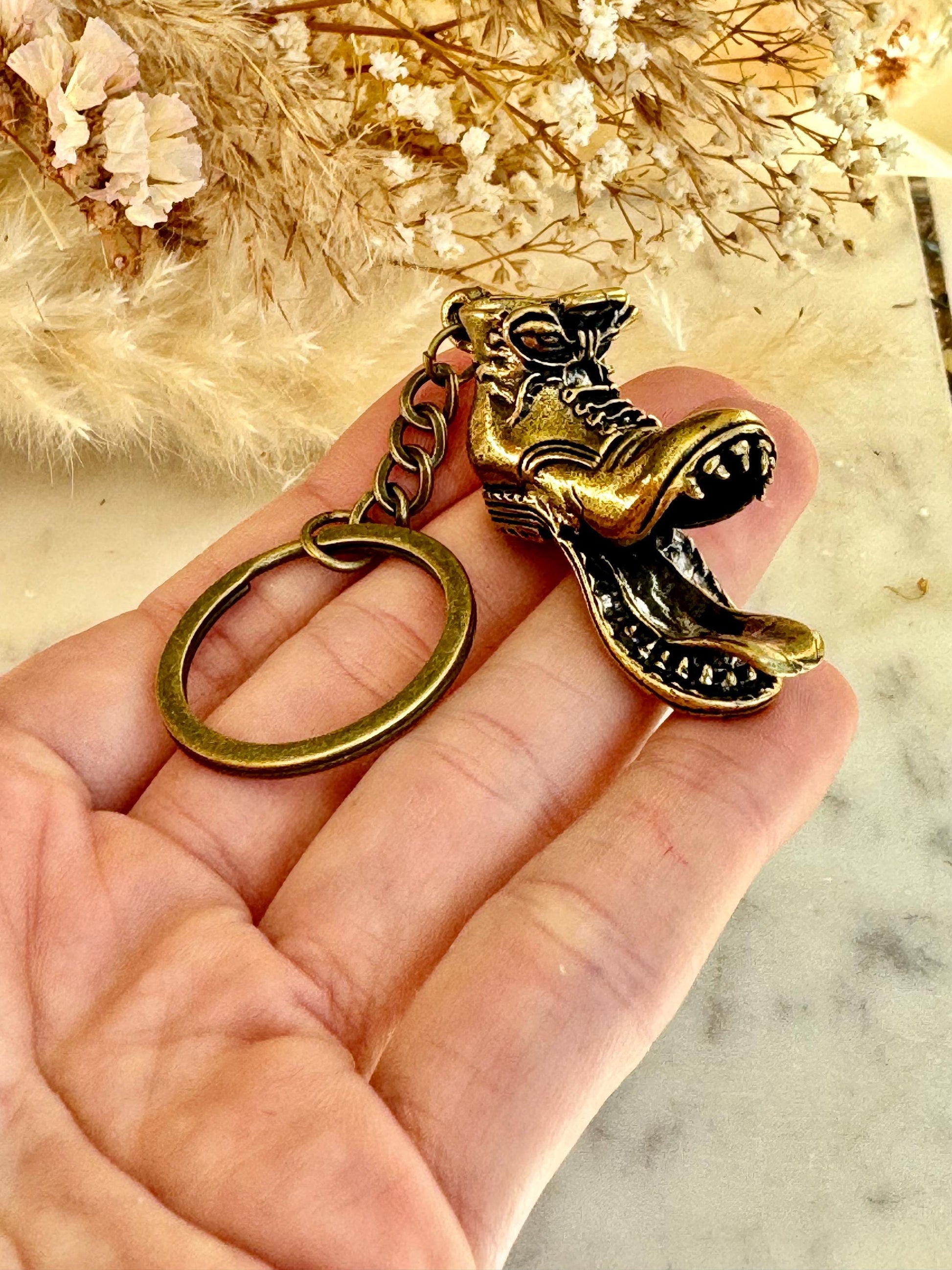 Brass Shoe Keychain with Monster Teeth – Funny Combat Boot Pendant, Heavyweight Key Ring for Men