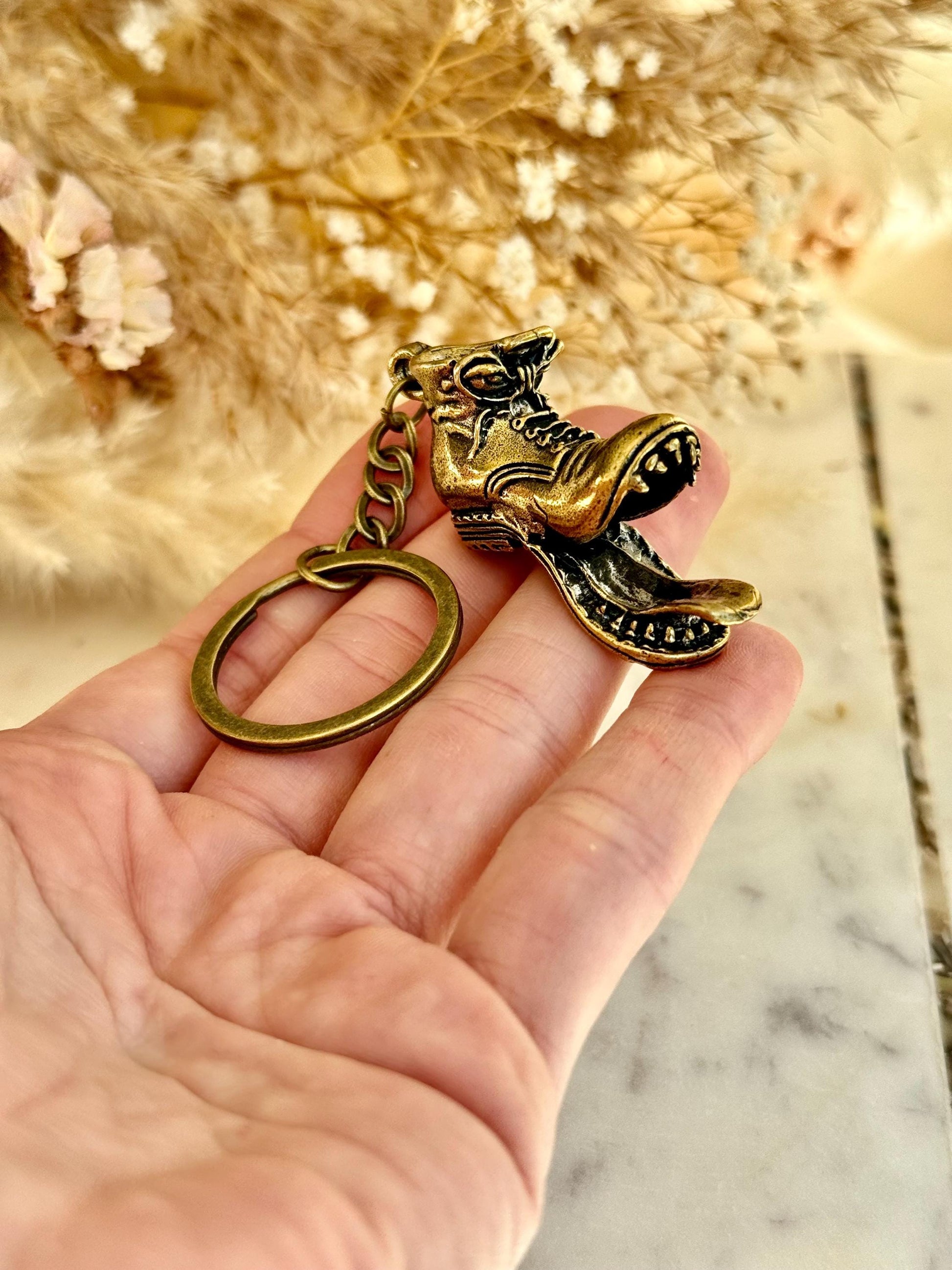 Brass Shoe Keychain with Monster Teeth – Funny Combat Boot Pendant, Heavyweight Key Ring for Men