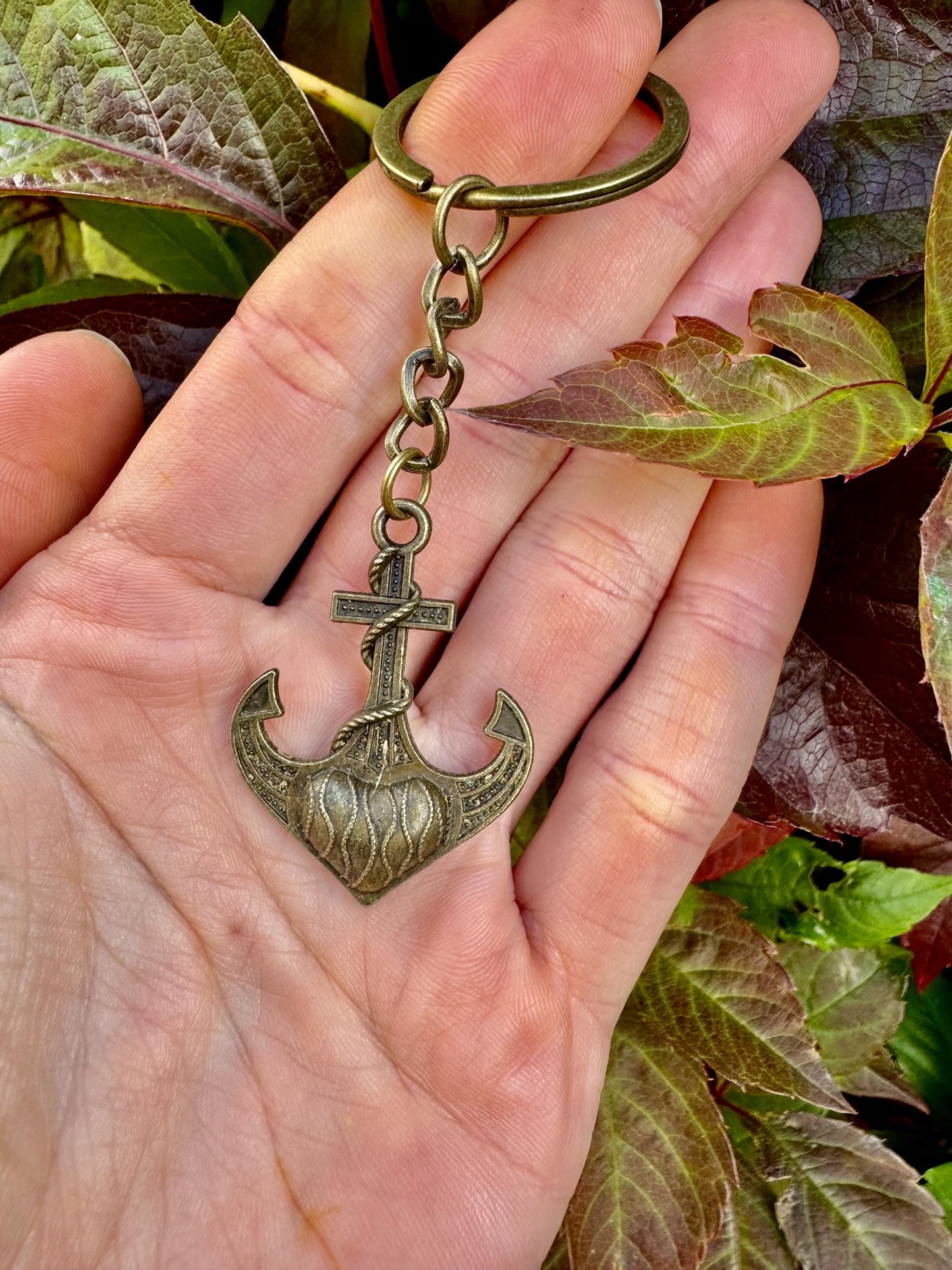 Brass Keychain with Sacred Heart Anchor Charm – Nautical Symbol of Love and Hope