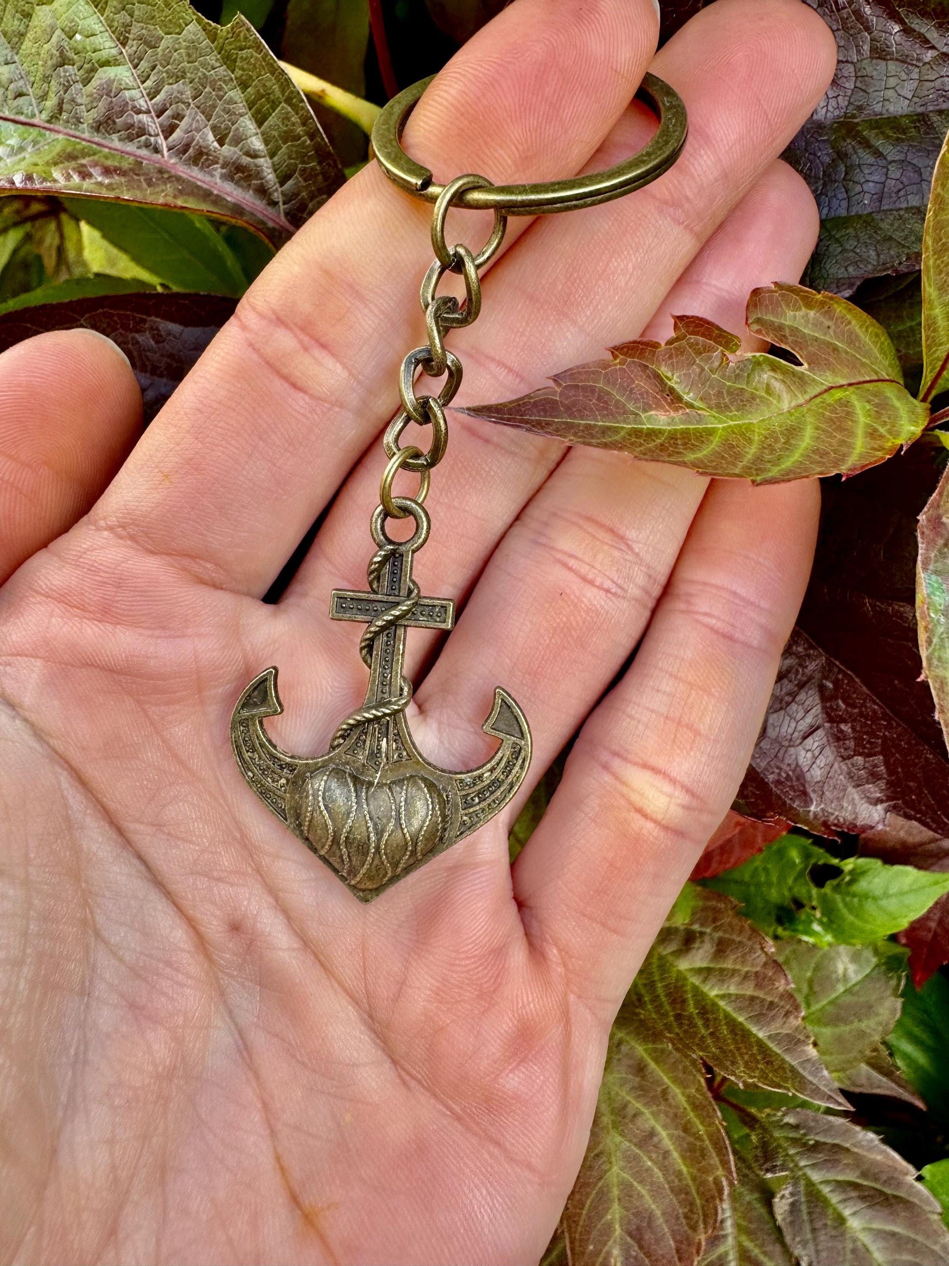 Brass Keychain with Sacred Heart Anchor Charm – Nautical Symbol of Love and Hope
