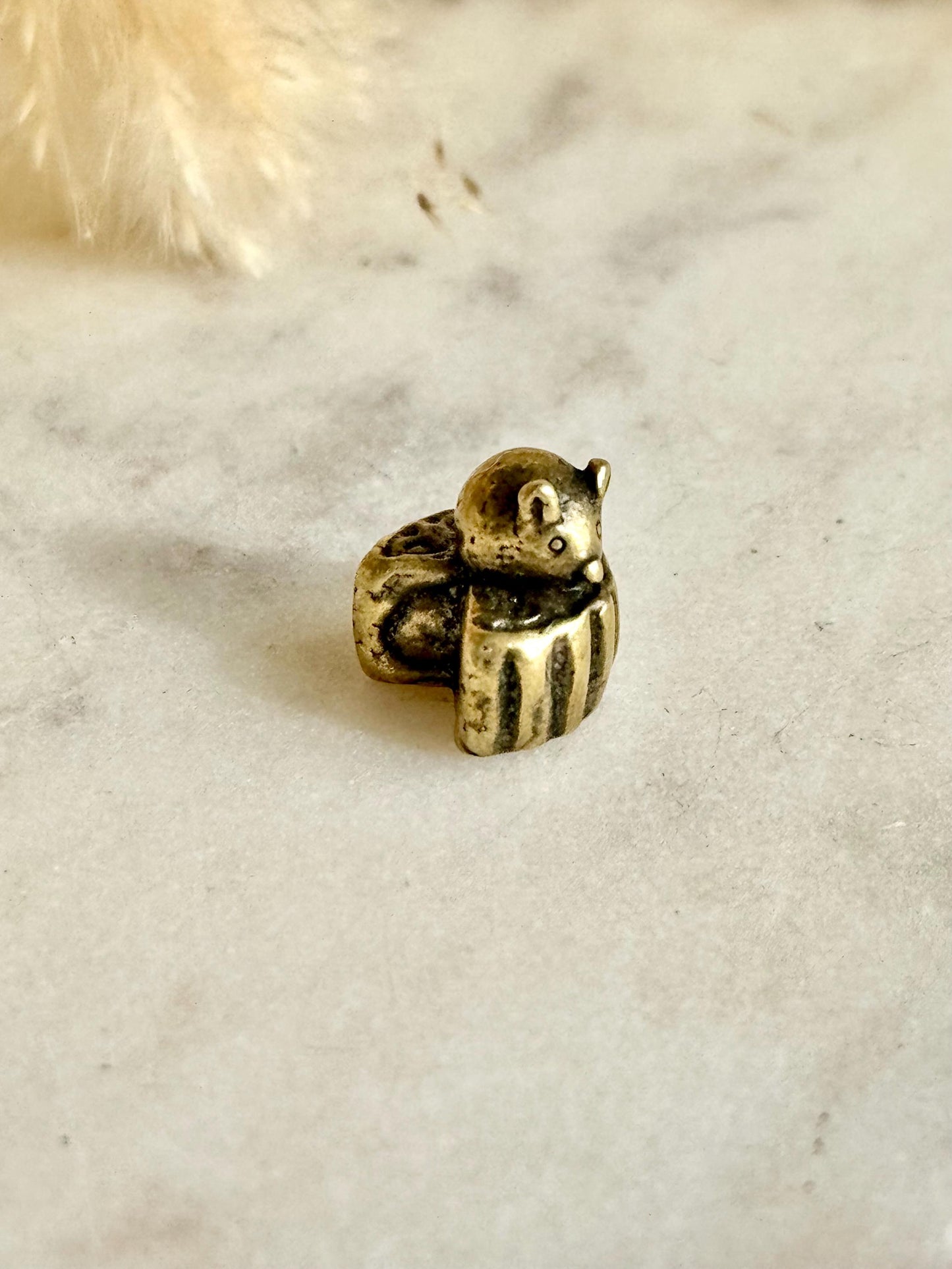 Miniature Brass Mouse with Cheese – Tiny Figurine of Mouse Holding Cheese Wheel – Good Luck Totem or Desk Decor