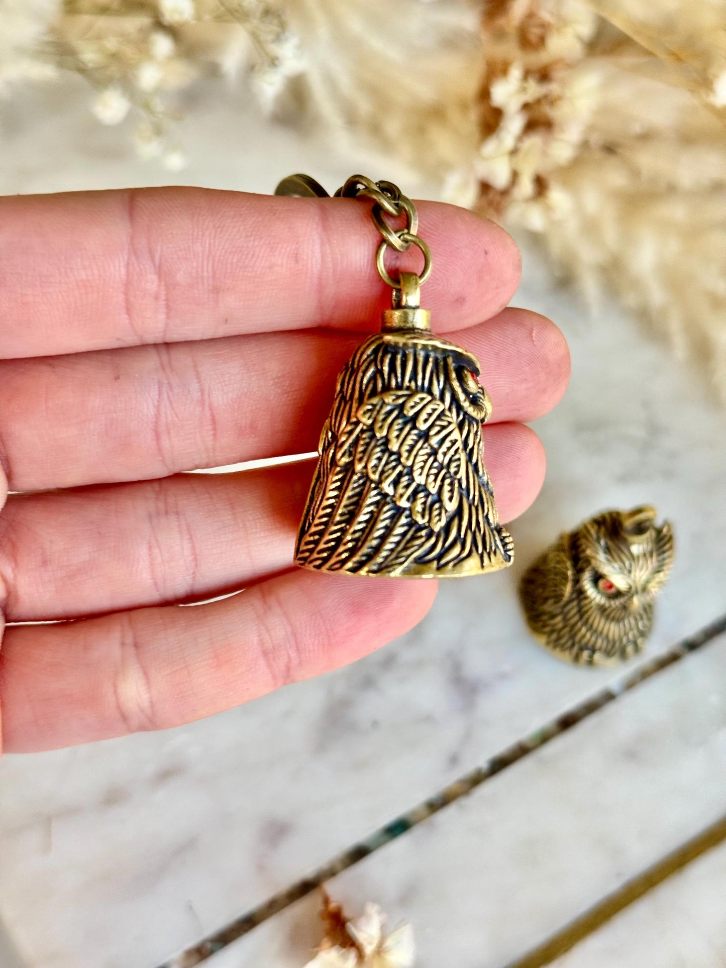 Brass Owl Keychain Bell with Red Eyes – Solid Metal Good Luck Charm