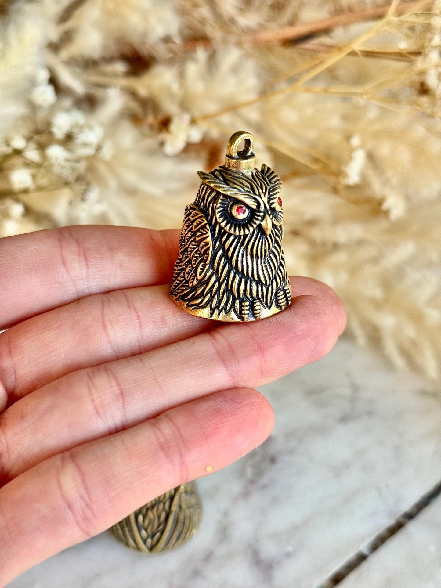 Brass Owl Keychain Bell with Red Eyes – Solid Metal Good Luck Charm