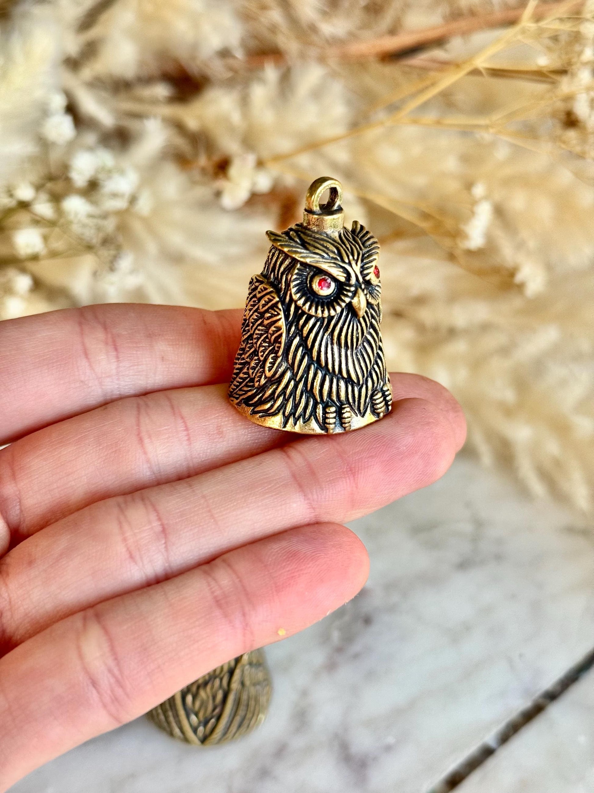Brass Owl Keychain Bell with Red Eyes – Solid Metal Good Luck Charm