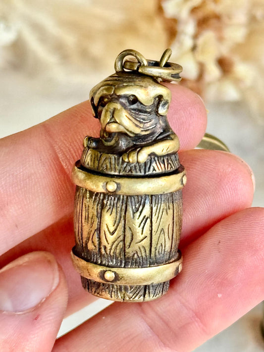 Secret Brass Pill Box Keychain – Bulldog on Barrel Hideaway