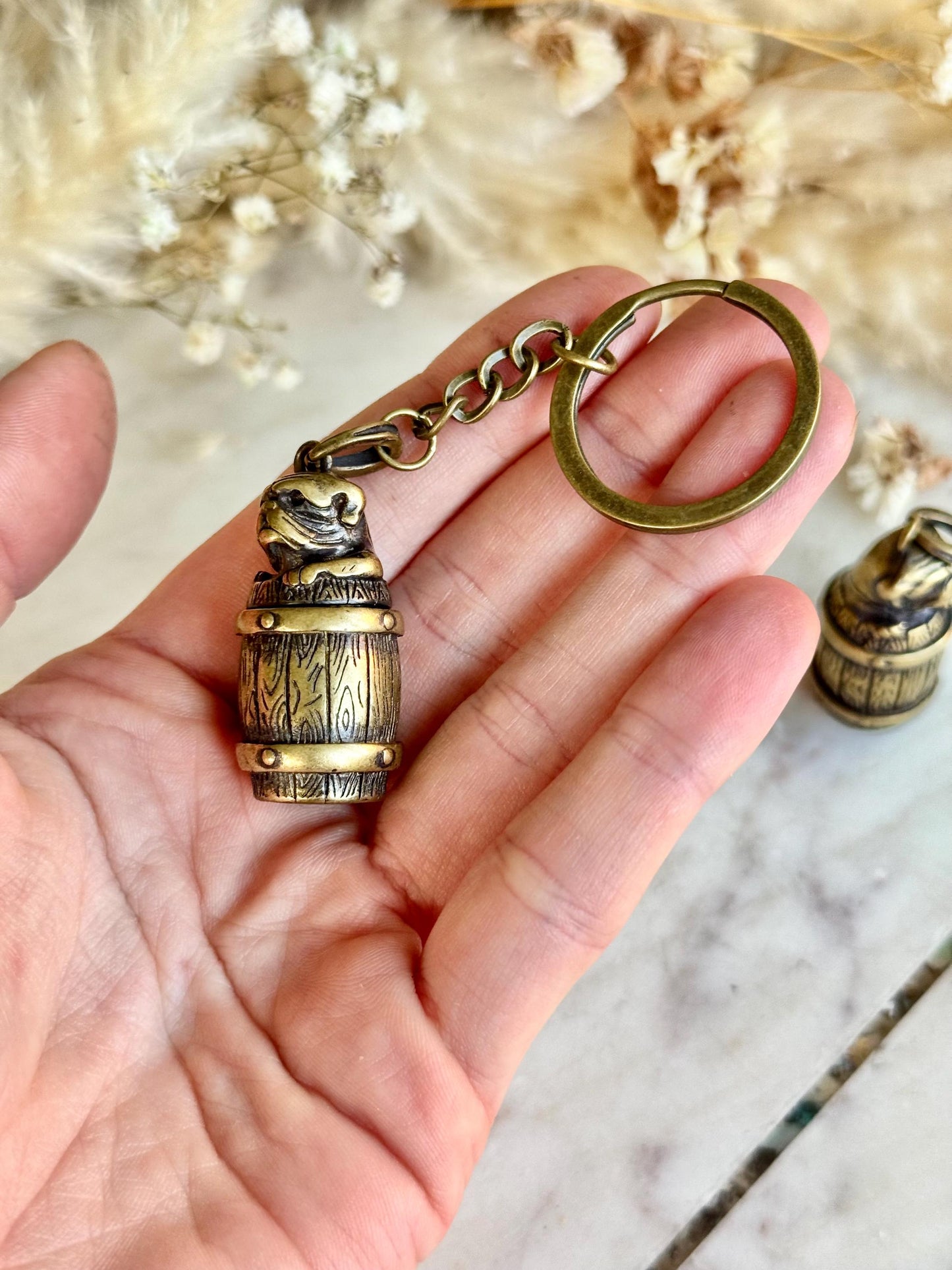 Secret Brass Pill Box Keychain – Bulldog on Barrel Hideaway
