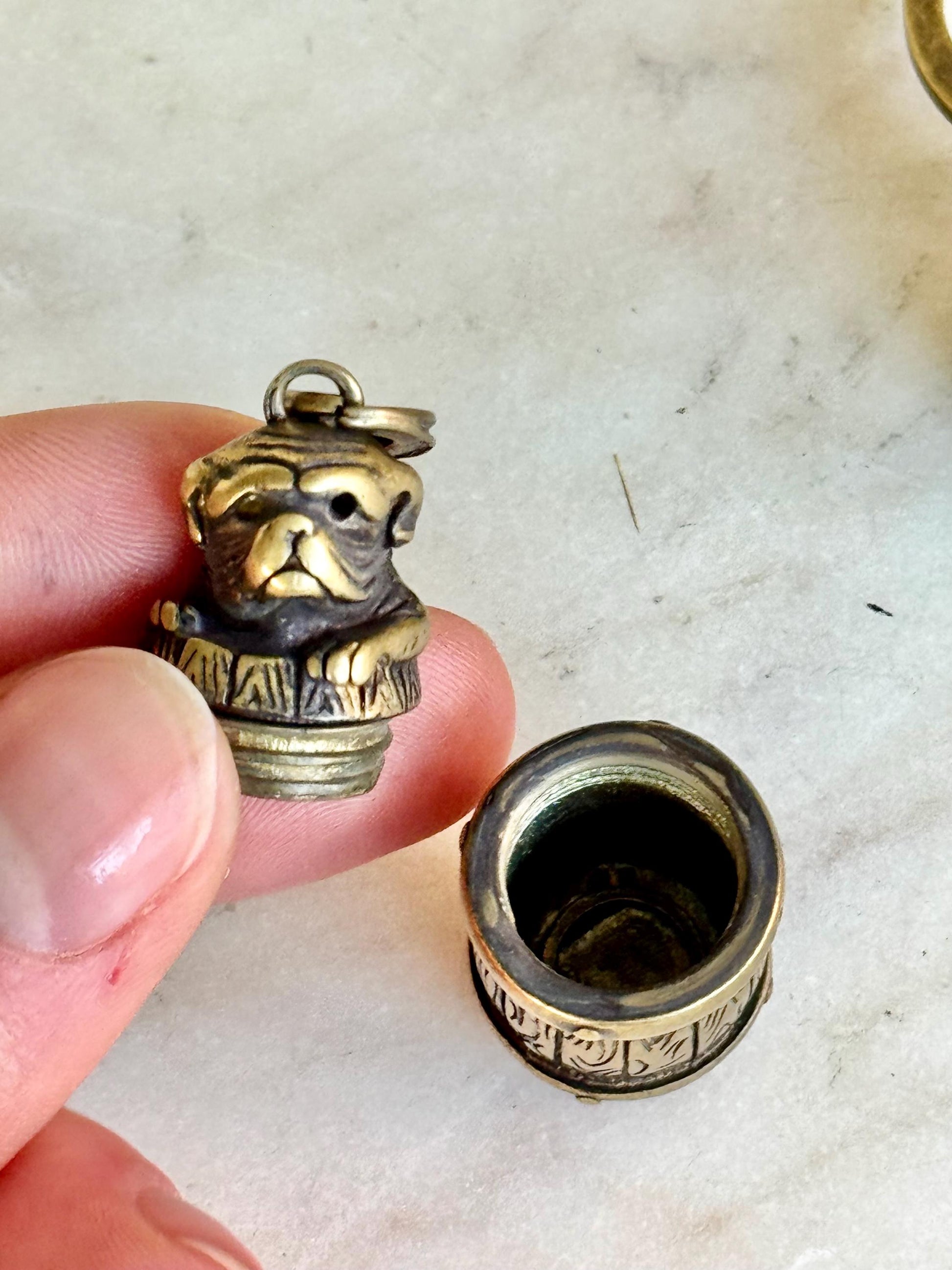 Secret Brass Pill Box Keychain – Bulldog on Barrel Hideaway
