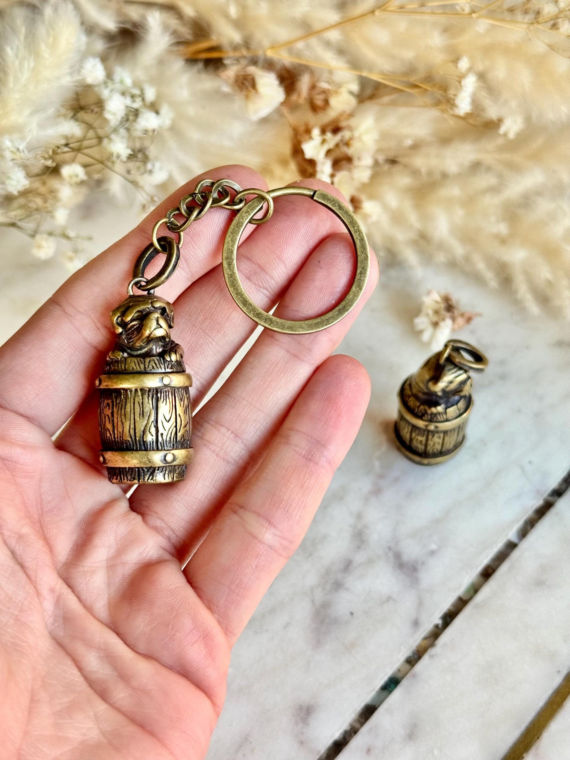 Secret Brass Pill Box Keychain – Bulldog on Barrel Hideaway