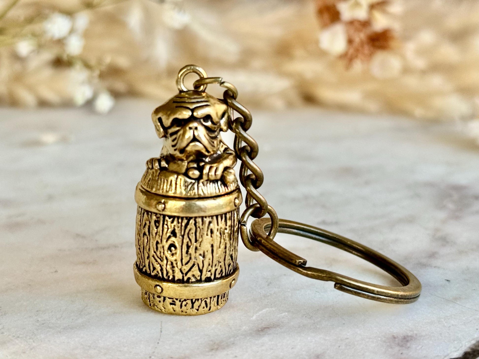 Secret Brass Pill Box Keychain – Bulldog on Barrel Hideaway