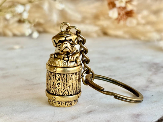 Secret Brass Pill Box Keychain – Bulldog on Barrel Hideaway