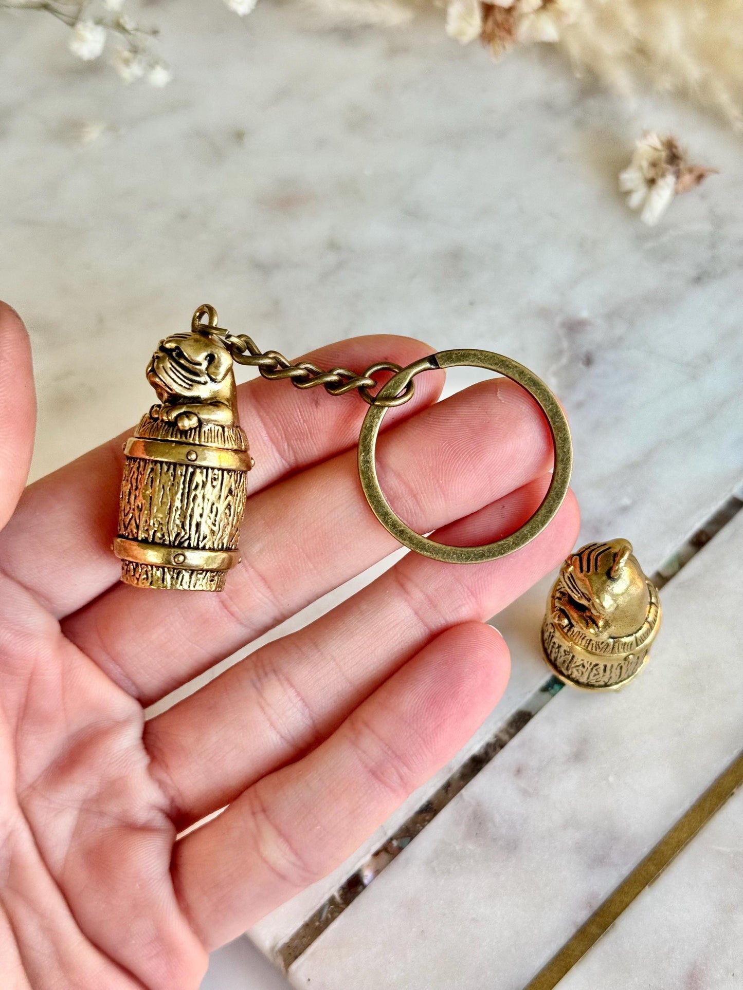 Secret Brass Pill Box Keychain – Bulldog on Barrel Hideaway