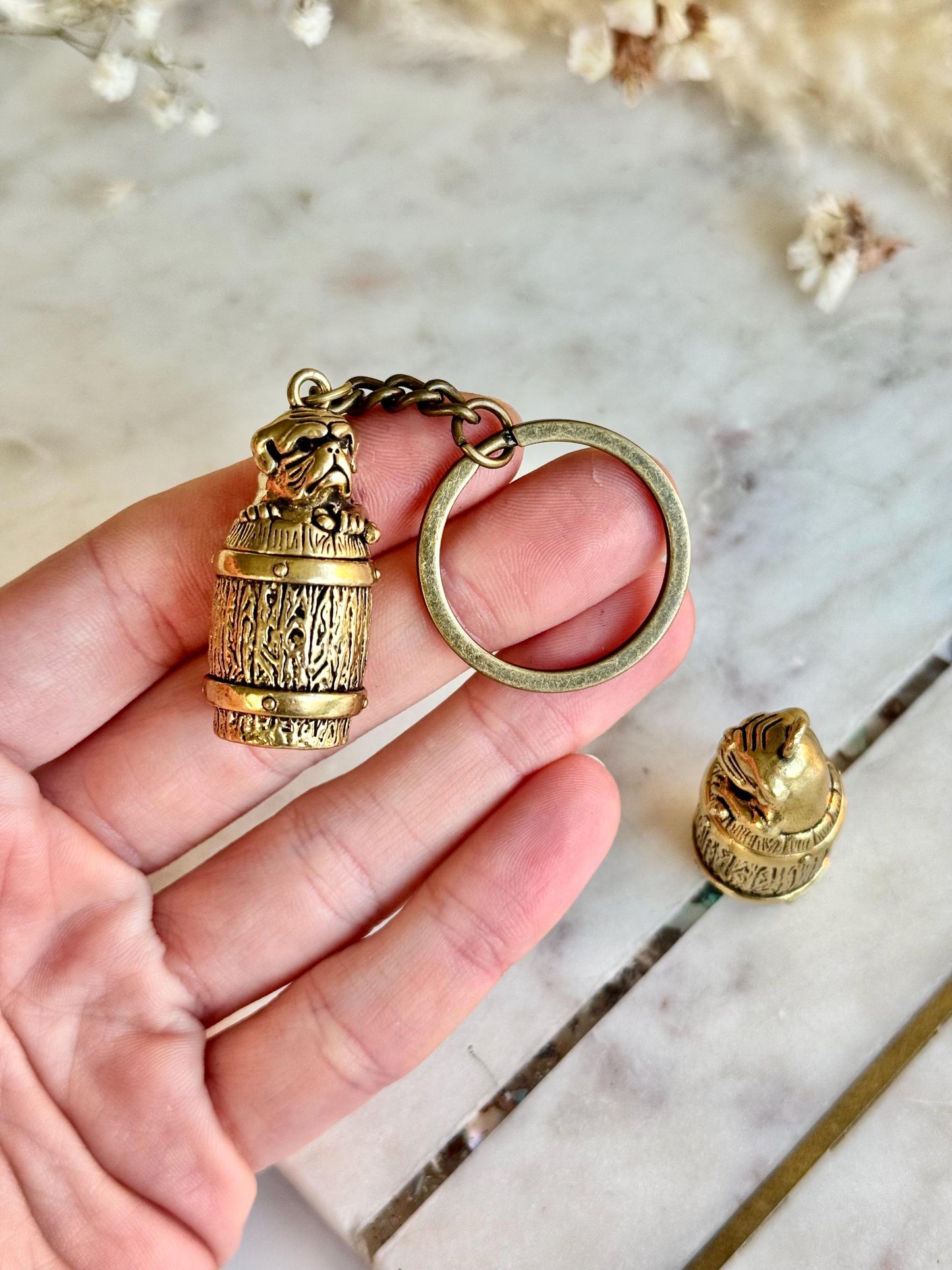 Secret Brass Pill Box Keychain – Bulldog on Barrel Hideaway