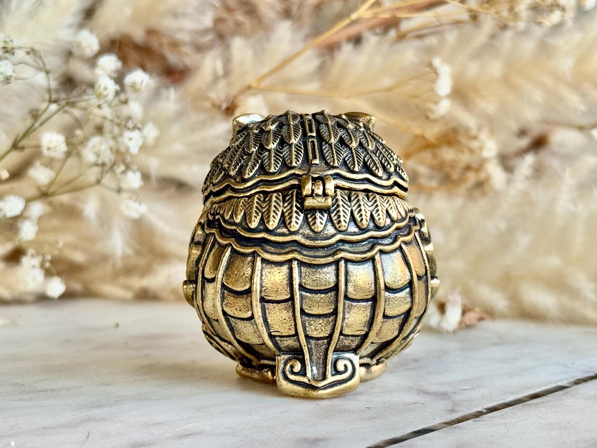 Ornate Solid Brass Owl Keepsake Box – Miniature Trinket Holder in Mystical Aztec Style