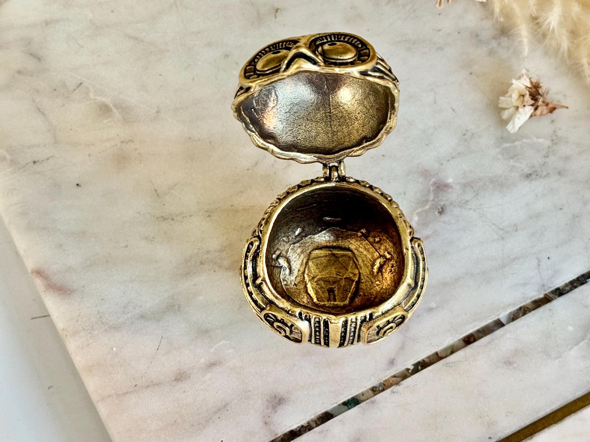 Ornate Solid Brass Owl Keepsake Box – Miniature Trinket Holder in Mystical Aztec Style
