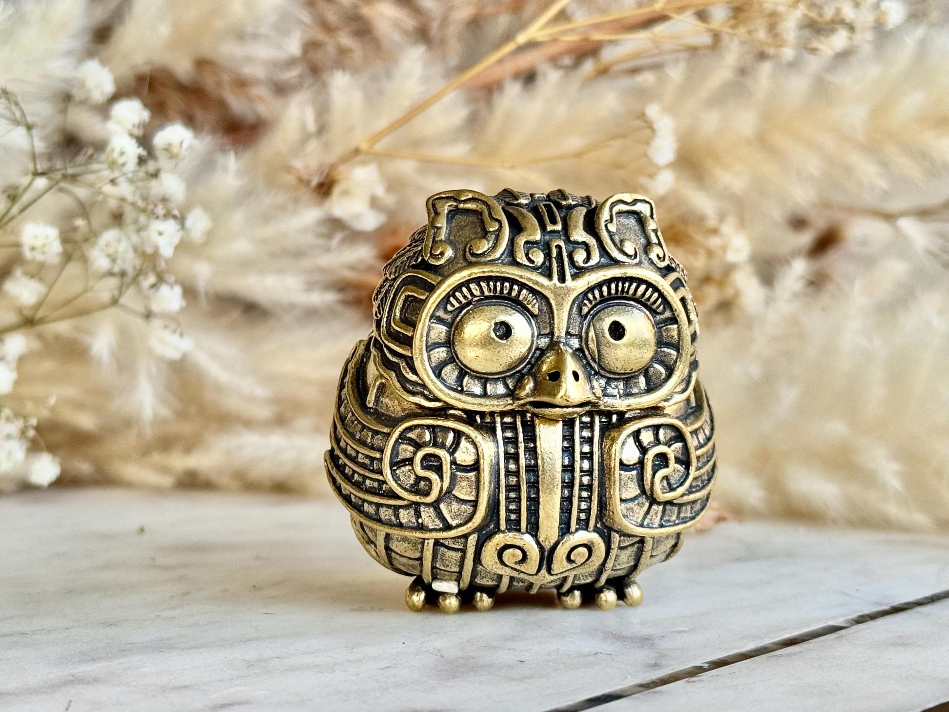 Ornate Solid Brass Owl Keepsake Box – Miniature Trinket Holder in Mystical Aztec Style