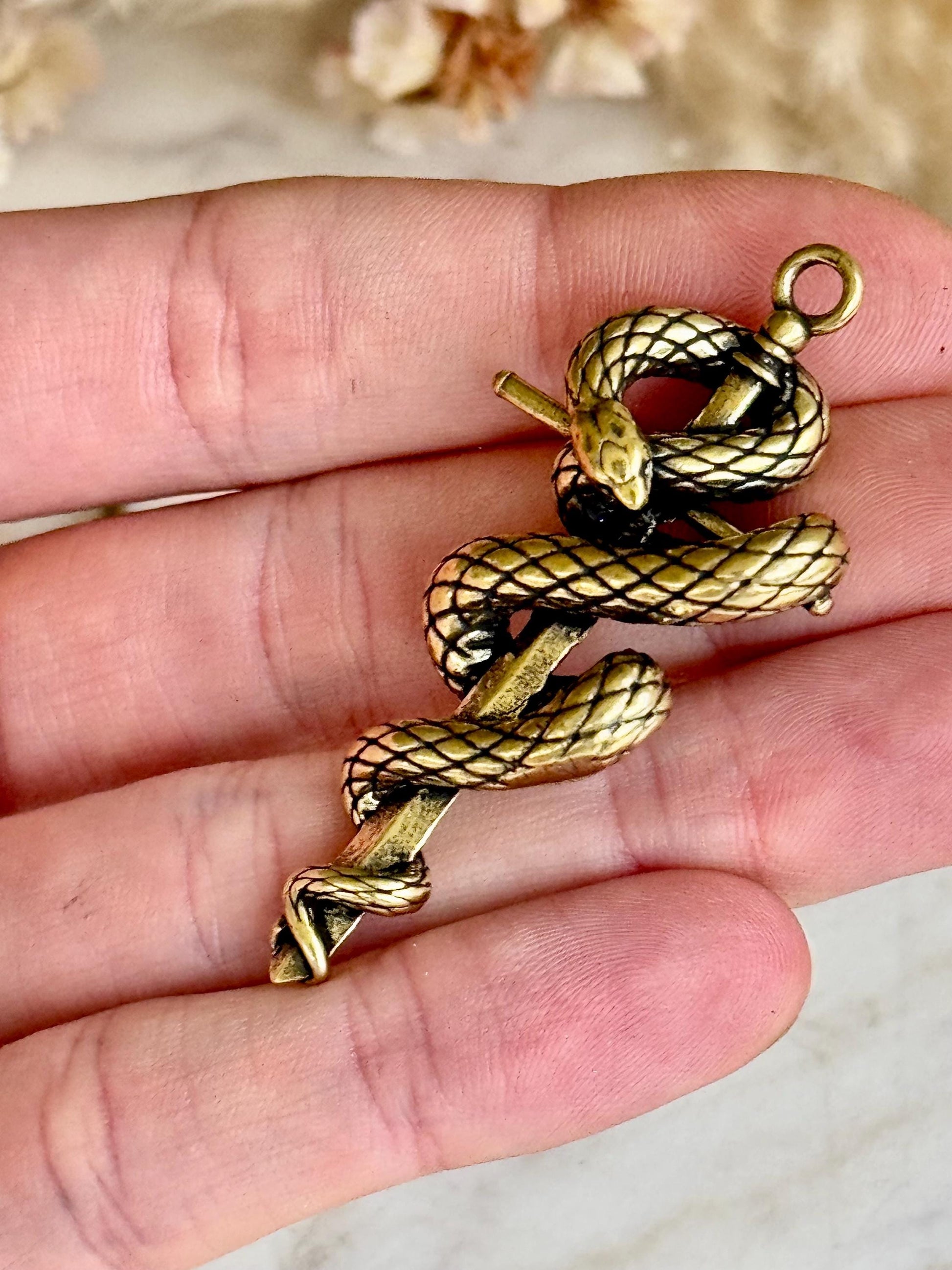 Brass Snake and Dagger Amulet Keychain – Gothic Talisman of Strength, Stealth and Transformation