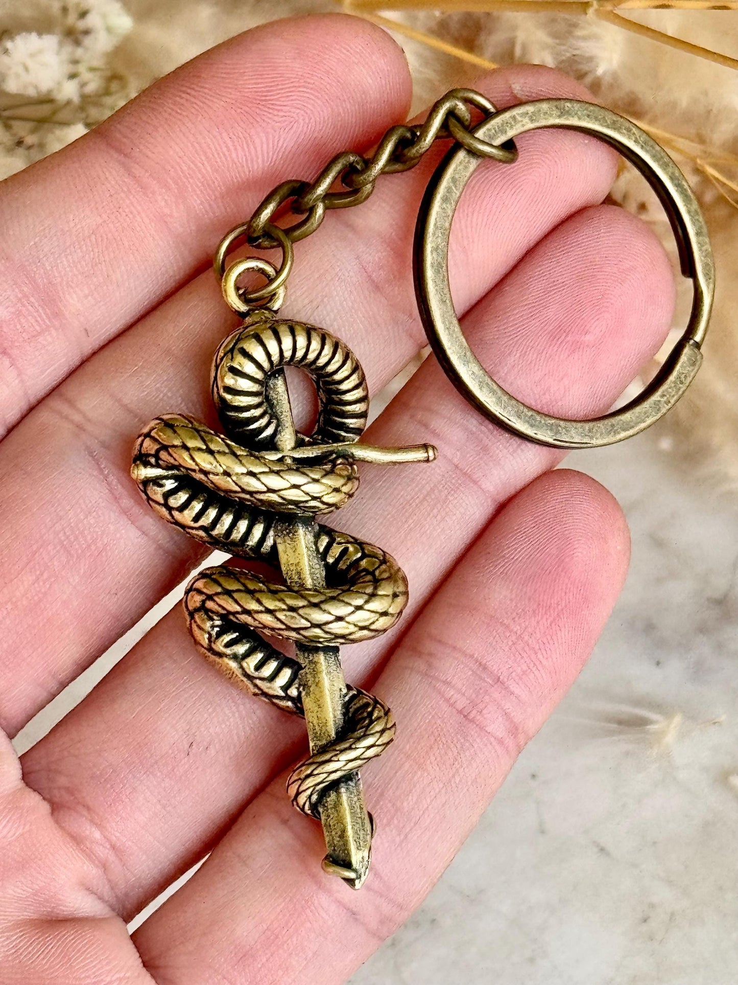 Brass Snake and Dagger Amulet Keychain – Gothic Talisman of Strength, Stealth and Transformation