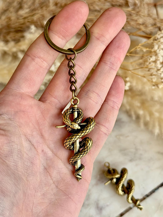 Brass Snake and Dagger Amulet Keychain – Gothic Talisman of Strength, Stealth and Transformation