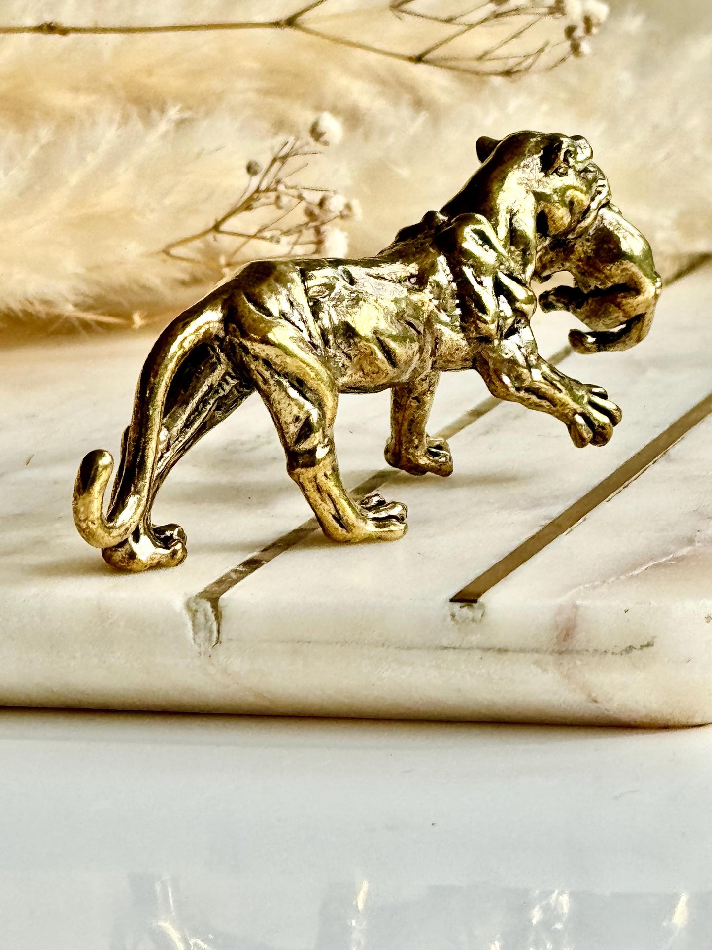Solid Brass Panther Figurine Carrying a Cub Minimalist Jungle Cat Sculpture