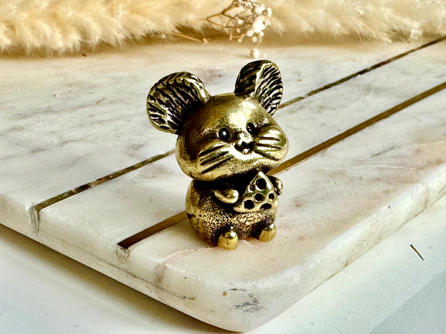 Miniature Brass Mouse Figurine Holding Cheese – Lucky Charm Animal Sculpture