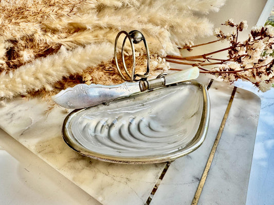 Antique English Silver Plated Fish Serving Set – Shell Shaped Dish with Frosted Glass Insert and Hallmarked Butter Knife with Mother-of-Pear