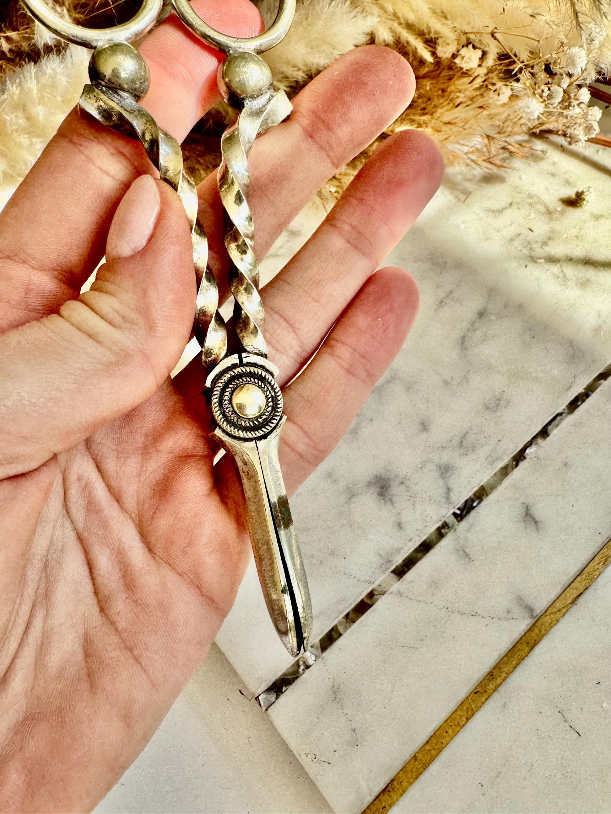 Antique Silver-Plated Wick Trimmers with Ornate Twisted Handles, Victorian Candle Snuffer Scissors, English Fireplace Accessory