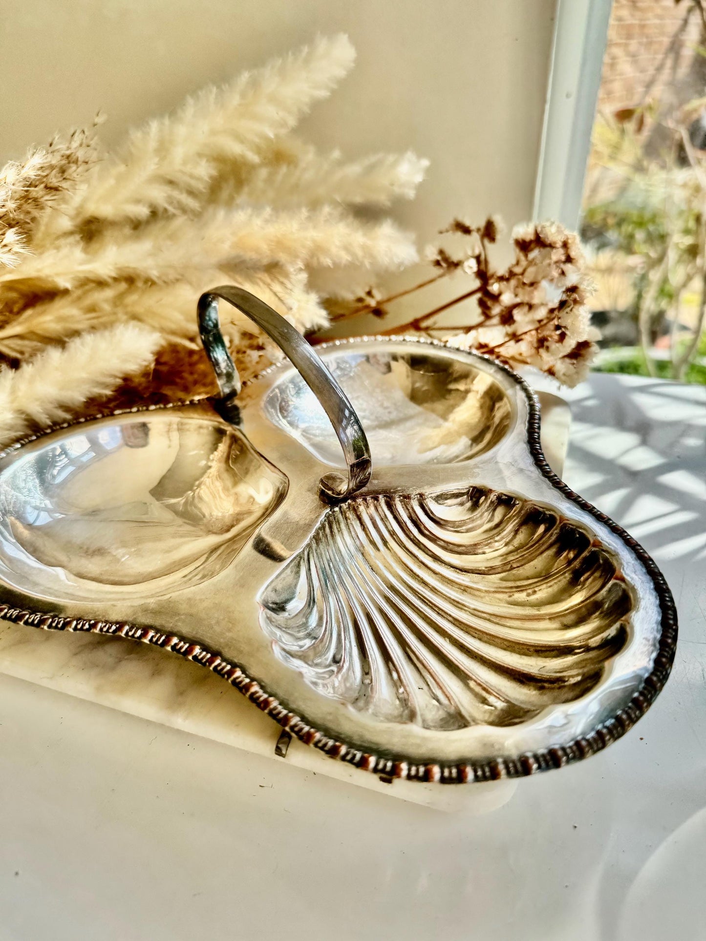 Vintage English Silver-Plated Shell Dish by Yeoman – Triple Section Serving Tray – Made in England – Ornate Coastal Design – Silver on Coppe