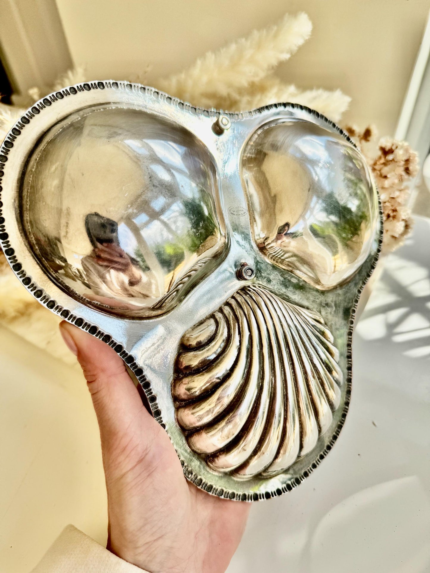 Vintage English Silver-Plated Shell Dish by Yeoman – Triple Section Serving Tray – Made in England – Ornate Coastal Design – Silver on Coppe