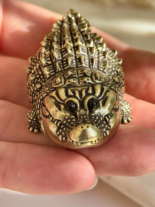 Smiling Mini Solid Brass Crocodile – Tiny Cheerful Desk Buddy, Pocket Totem Figurine, mini metal crocodile figurine