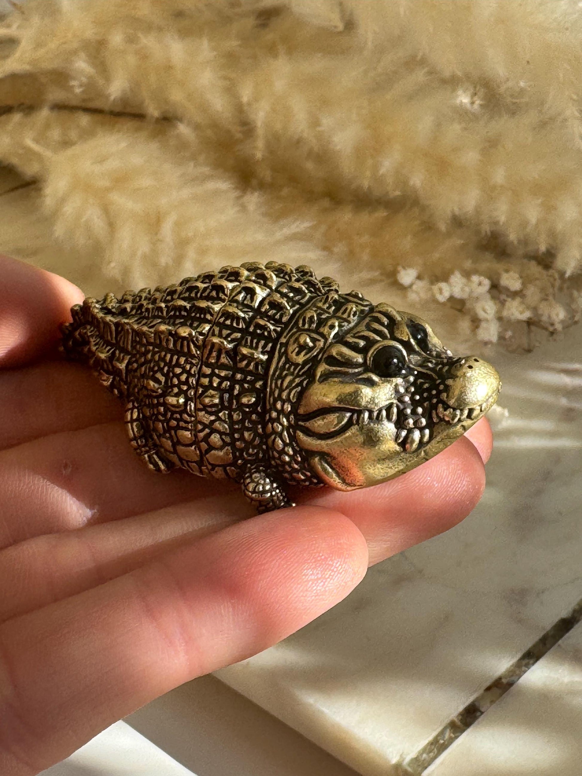 Smiling Mini Solid Brass Crocodile – Tiny Cheerful Desk Buddy, Pocket Totem Figurine, mini metal crocodile figurine