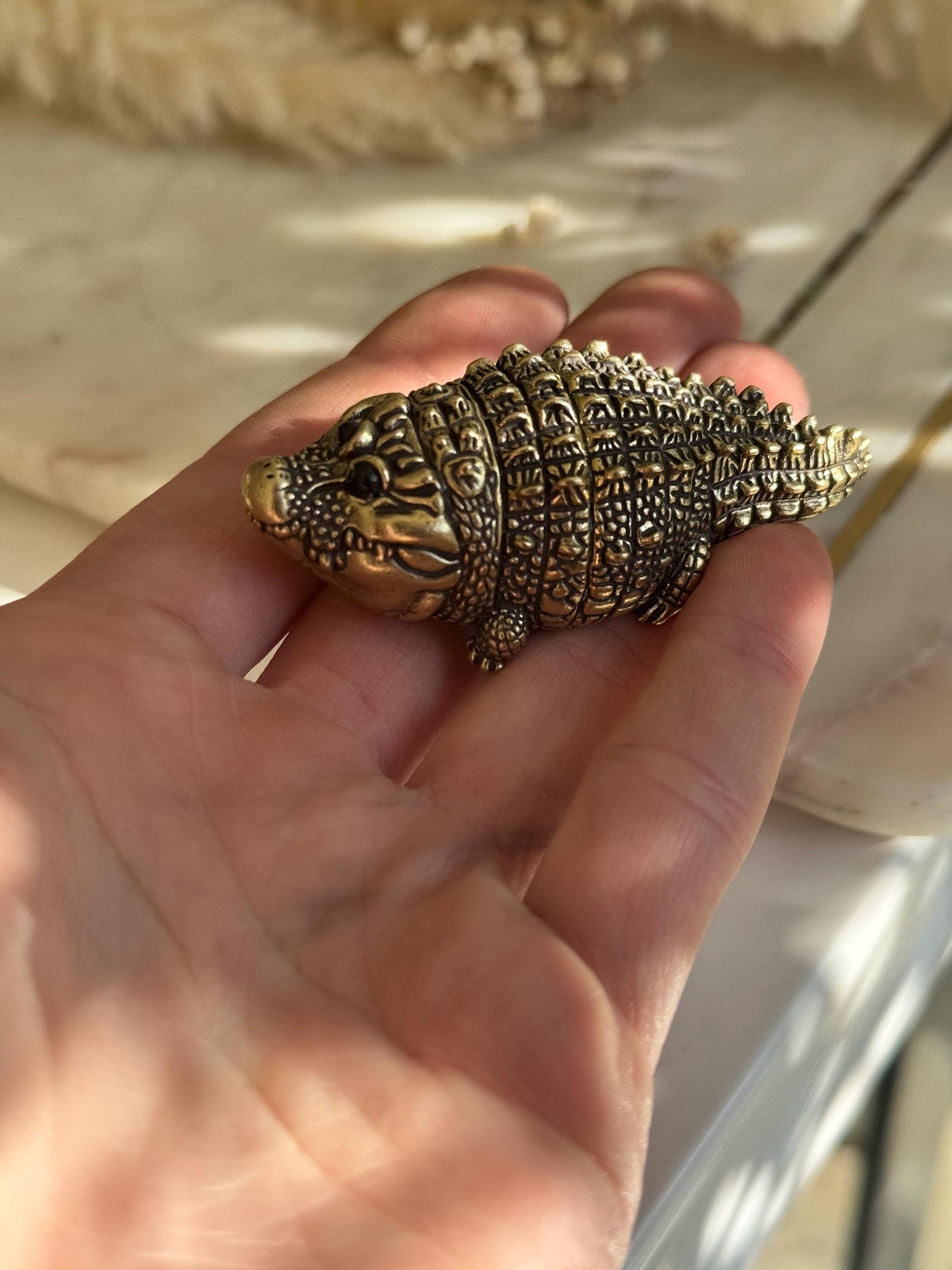 Smiling Mini Solid Brass Crocodile – Tiny Cheerful Desk Buddy, Pocket Totem Figurine, mini metal crocodile figurine