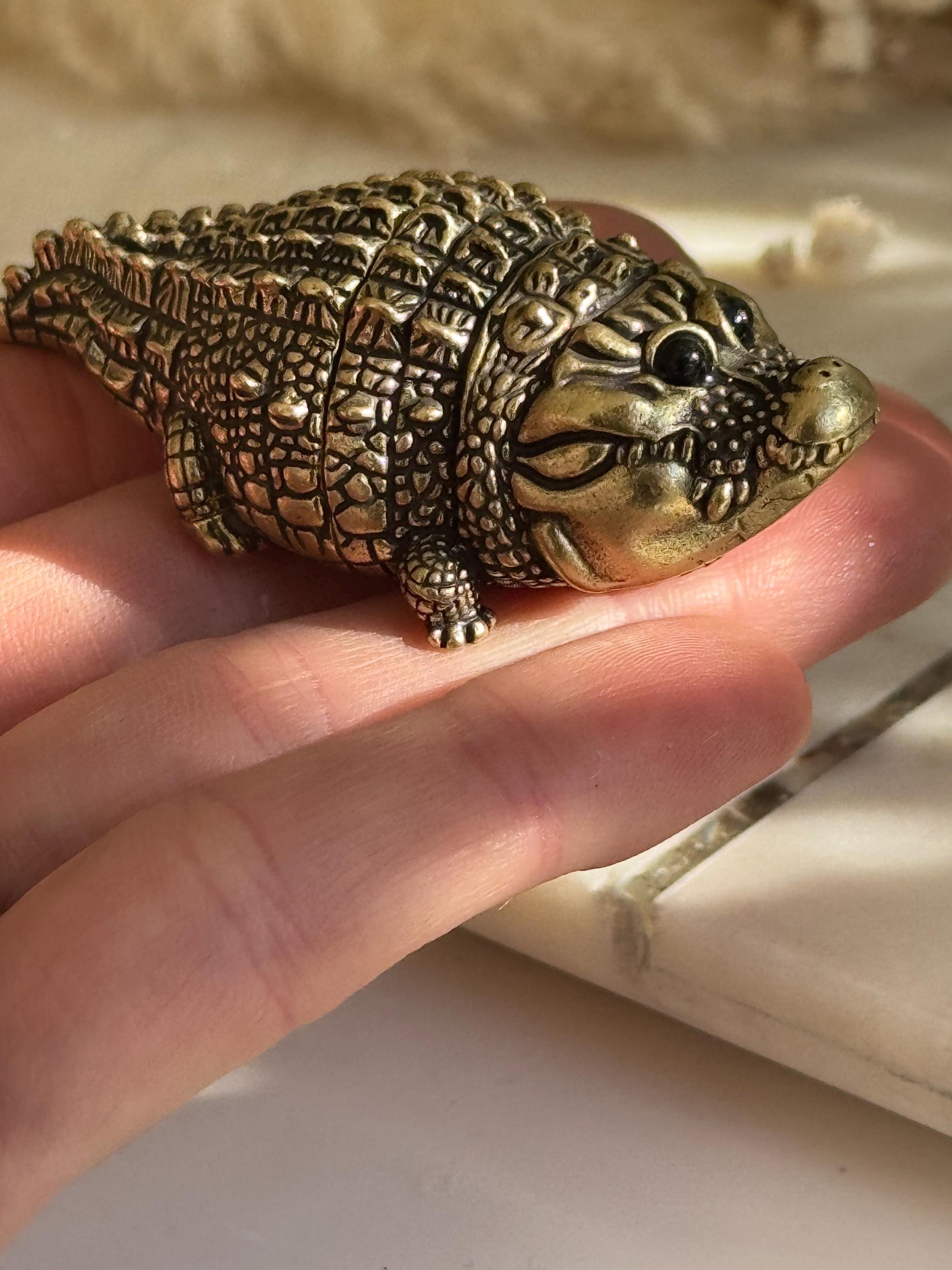Smiling Mini Solid Brass Crocodile – Tiny Cheerful Desk Buddy, Pocket Totem Figurine, mini metal crocodile figurine