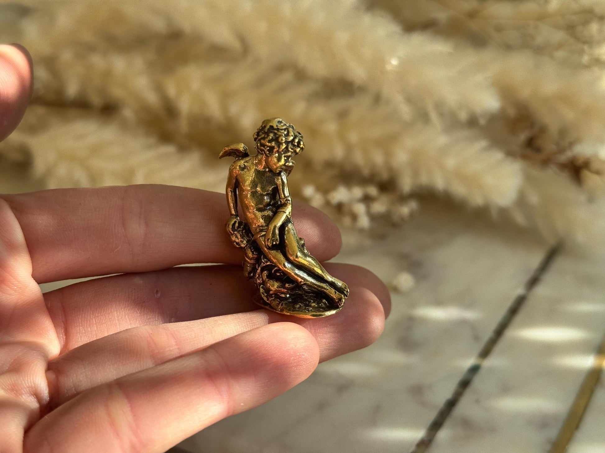Miniature Brass Angel Figurine, Romantic Cherub Sitting on a Rock, Tiny Guardian Angel Statue, Home Decor