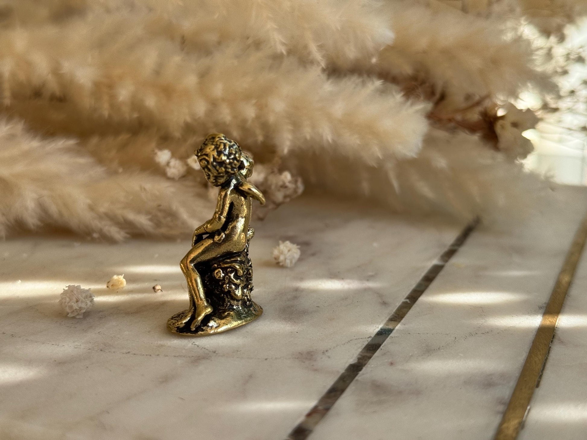 Miniature Brass Angel Figurine, Romantic Cherub Sitting on a Rock, Tiny Guardian Angel Statue, Home Decor