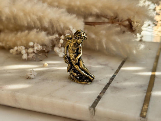 Miniature Brass Angel Figurine, Romantic Cherub Sitting on a Rock, Tiny Guardian Angel Statue, Home Decor