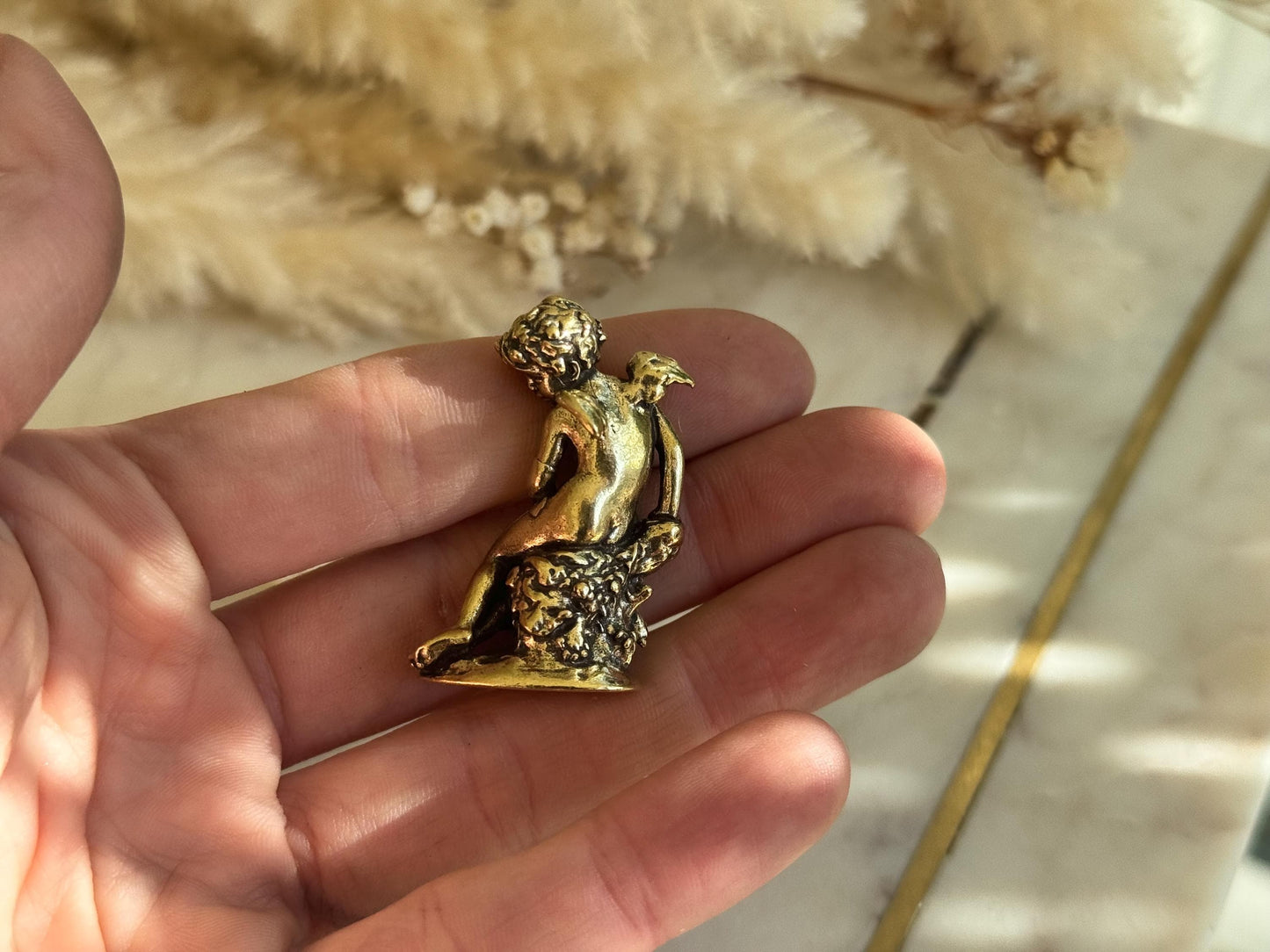 Miniature Brass Angel Figurine, Romantic Cherub Sitting on a Rock, Tiny Guardian Angel Statue, Home Decor