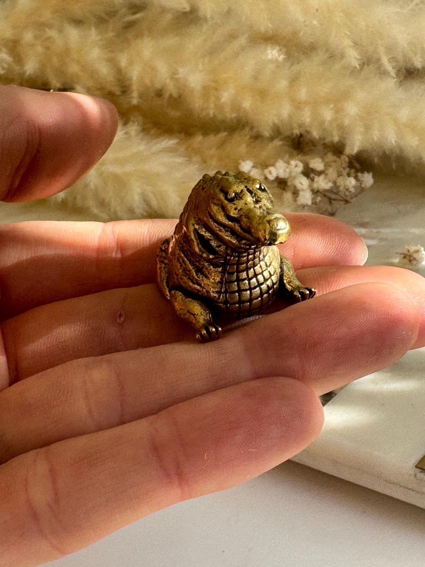 Miniature Brass Crocodile Figurine – Chubby Friendly Reptile – Small Smiling Crocodile Sculpture – Whimsical Animal Totem