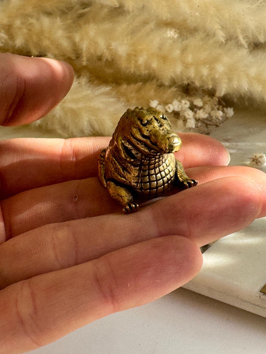 Miniature Brass Crocodile Figurine – Chubby Friendly Reptile – Small Smiling Crocodile Sculpture – Whimsical Animal Totem